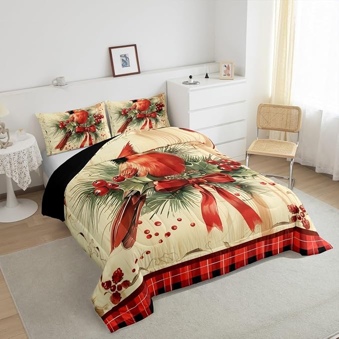 jejeloiu Kids Red Cardinal Comforter Set Twin Size Christmas Red Black Plaid Bow Bedding Set for Boys Girls Teens Xmas Birds Animal Winter Wood Plank Duvet Quilt Room Decor