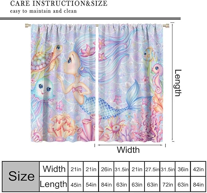 Mermaid Curtains for Girls Children Pink Sea Animal Mermaid Coral Bedroom Curtains for Living Room Room 42x45 Inch