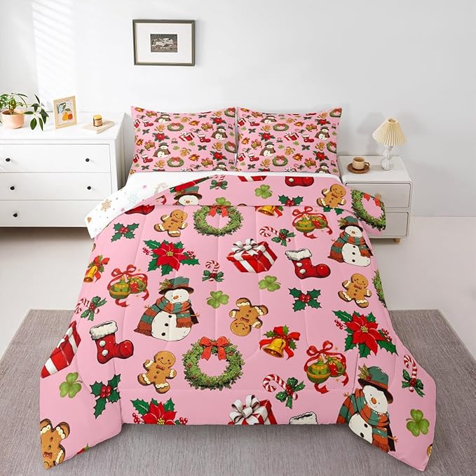 jejeloiu Merry Christmas Comforter Set Full Size Cute Snowman Bedding Set for Kids Boys Girls Gingerbread Man Duvet Quilt Pink Bedroom Decor