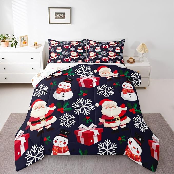 jejeloiu Merry Christmas Comforter Set Queen Size Xmas Santa Claus Bedding Set for Kids Boys Girls Cute Snowman Duvet Quilt Dark Blue Bedroom Decor