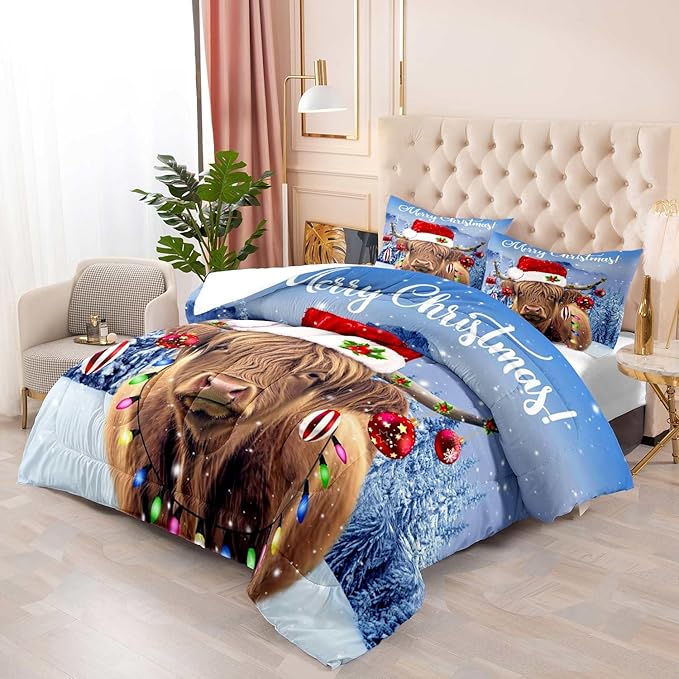 LUVIVIHOME 3PCS Funny Highland Cow Comforter Set Full Size, Christmas Bedding, Cattle Bull Animal Santa Christmas Balls Winter Holiday Xmas New Year Christmas Bedroom Decor, Cow Gifts, 2 Pillow Shams