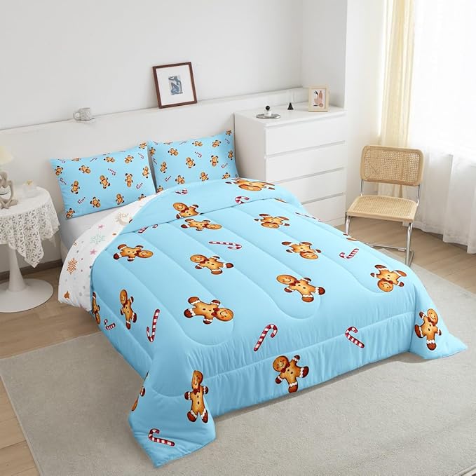jejeloiu Kids Cute Gingerbread Man Comforter Set Full Size Christmas Theme Bedding Set for Boys Girls Teens Xmas Candy Cane Happy New Year Duvet Quilt Room Decor