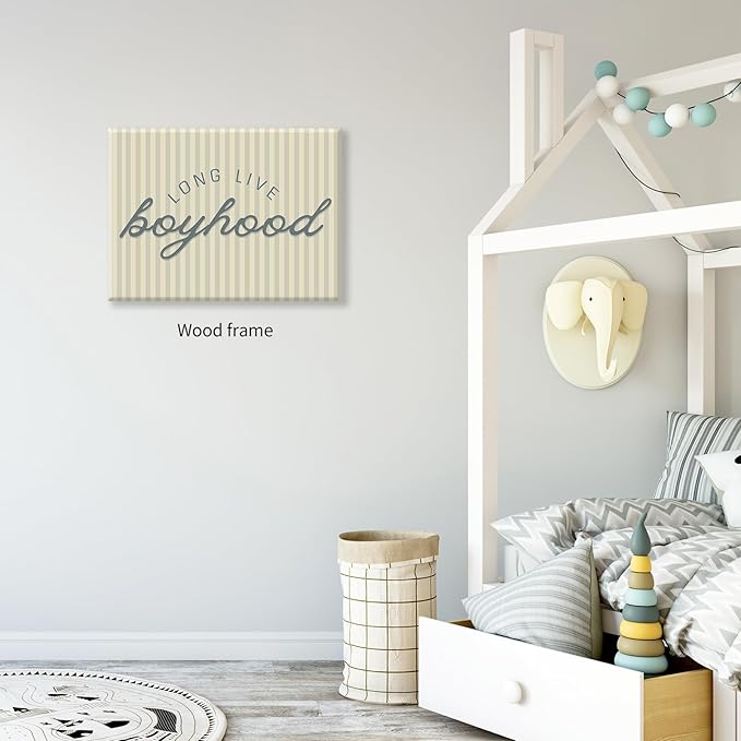 Long Live Boyhood Quote Wall Art Preppy Blue Stripe Poster 16x24 inch Framed Modern Fashion Minimalist Canvas Prints for Boy Nursery Bedroom Wall Decor