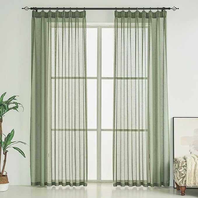 Sage Green Linen Look Sheer Curtains 84 Inches Long 2 Panels, Rustic Textured Light Filtering Drapes, Elegant Window Decor, Pinch Pleat Curtain with Hooks