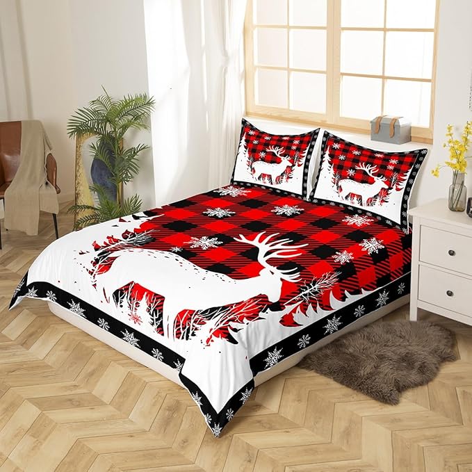 Manfei Christmas Duvet Cover Set King Size, Xmas Deer Tree Snowflake Print Bedding Set 3pcs for Kids Boys Girls Bedroom Decor, Black Red Plaid Print Comforter Cover with 2 Pillowcases,No Comforter