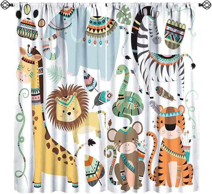 Jungle Tribal Animals Curtains, Southwest Aztec Cartoon Funny Zoo Animals Giraffe Lion Elephant Zebra Tiger Print Thermal Insulation Window Drapes for Kids Boys Girls Bedroom Living Room 42x45 Inch