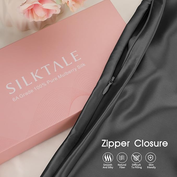 100% Mulberry Silk Pillowcase for Hair and Skin,Both Sides Natural Silk Bed Pillow Case with Hidden Zipper,19 Momme Grade 6A,1pc,Charcoal,Standard Size 20x26 Inches