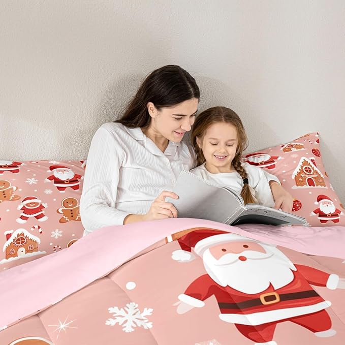 Feelyou Christmas Kids Comforter Set Queen Size Santa Bedding Set Gingerbread Man Duvet Quilt for Kids Boys Girls Bedroom Snowflake Decor Microfiber Ultra Soft Breathable