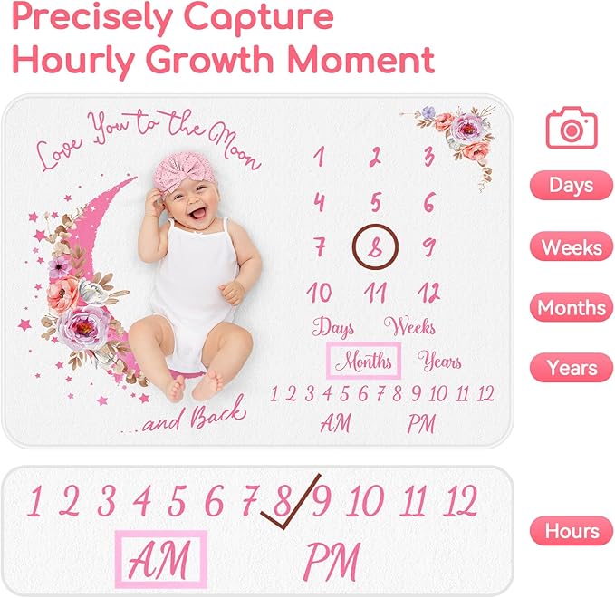 Baby Monthly Milestone Blanket, Precise Hour Moments with Knitted Hat,51”L x40”W,Recording 1 to 12 Months Moments,Thicker Extra Soft Flannel,Best Photography for Newborn,Baby Girl(Pink Flower)