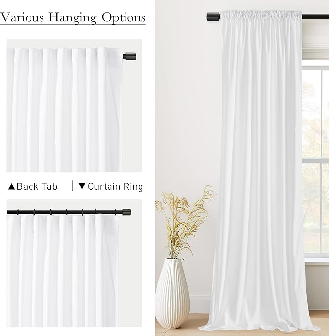 StangH White Curtains 96 inches Long for Living Room, Back Tab Velvet Lignt Dimming Window Drapes for Sliding Door/Dining Room, Wedding Backdrops, W52 x L96, 2 Panels