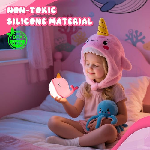 Ammonite Pink Narwhal Night Light, Soft Silicone Whale Nursery Lamp with 3 Dimming Levels and 30-Minute Timer, Touch Control Nightlight for Bedroom Decor, Christmas Birthday Gift