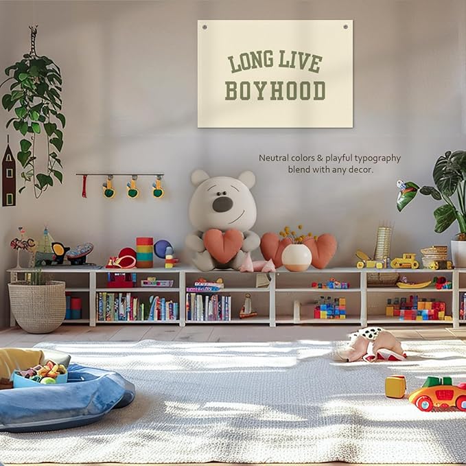 Long Live Boyhood Boys Room Decor - Linen Nursery Banner for Toddler Room Decoration, Farmhouse Kids Wall Hanging, Canvas Banner Flag for Baby Shower, Birthday Gift - A13