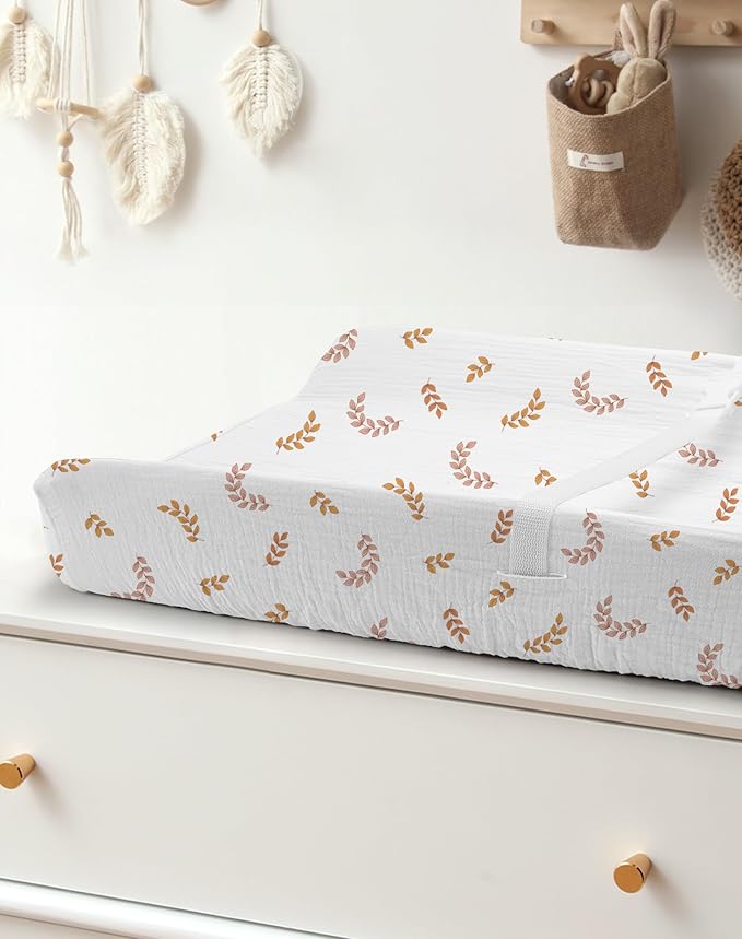 Changing Pad Cover for Baby Boy Girl 2 Pack, Muslin Changing Table Pad Covers with Boho Style, Neutral Nursery Bedding Essentials Soft and Breathable(Brick & Leaf)