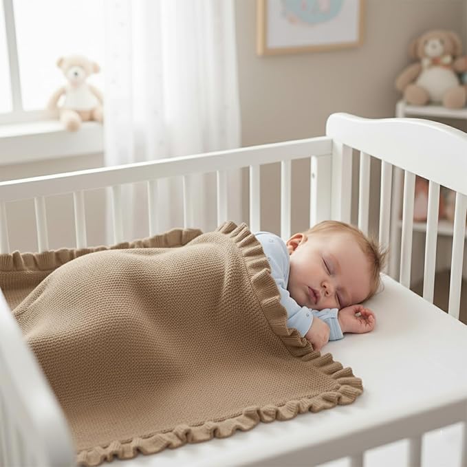 Cotton Baby Blanket with Ruffle Edge Soft Breathable Newborn Blanket for Boys & Girls, Lightweight Knit Throw for Crib, Stroller & Nursery Multiple Colors Available Mocha 30x40