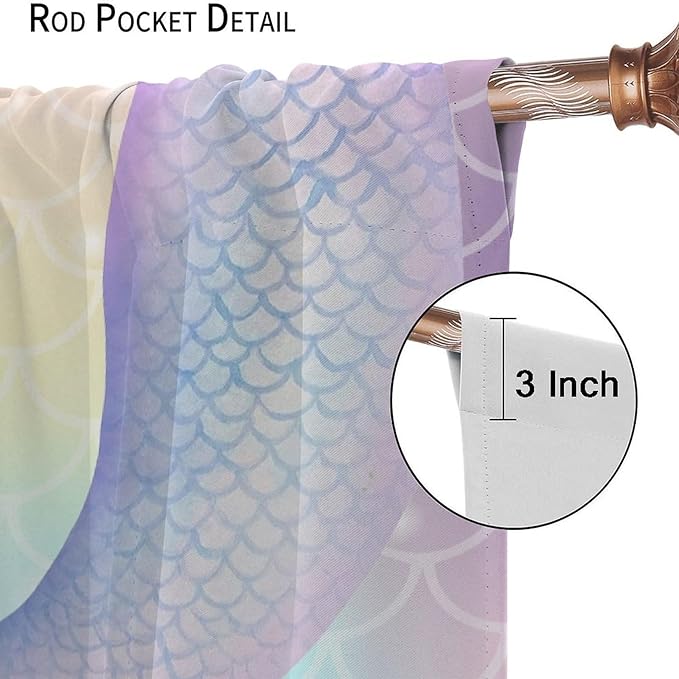 Dream Mermaid Curtains Colorful Mermaid Fish Tail Scale Fantasy Ocean Theme Beautiful Kids Window Treatment for Girls Bedroom Nursery Room Decor Rod Pocket Window Drapes 72x63in