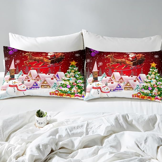 Manfei Christmas Duvet Cover Set King Size, Snowman Xmas Tree Bedding Set for Kids Boys Girls, Santa Claus with Reindeer Comforter Cover New Year Theme Quilt Cover with 2 Pillowcases, No Comforter