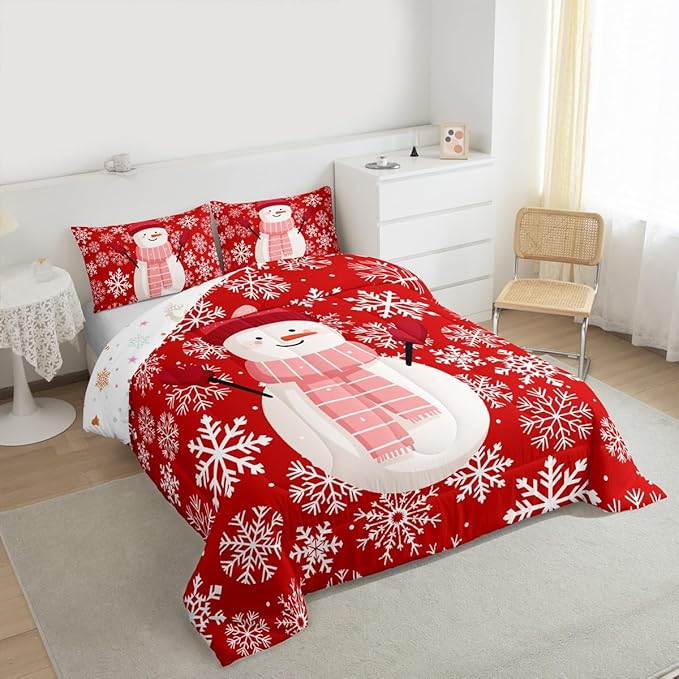 Feelyou Christmas Comforter Set All Season Snowman Red Bedding Set with 2 Pillow Cases Xmas Snowflakes Microfiber Kids King Bedclothes Winter Snow Bedroom Decor Duvet Quilt Breathable Soft Lightweight