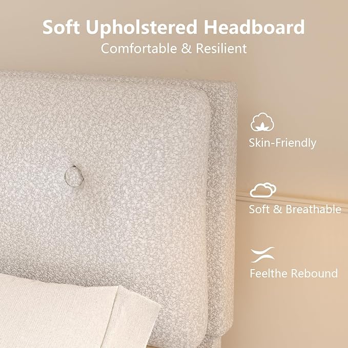Full Size Bed Frame with Headboard, Cloud Boucle Upholstered Bed Frame, Modern Soft Style, Adjustable Headboard, No Box Spring Needed, Easy Assembly, White