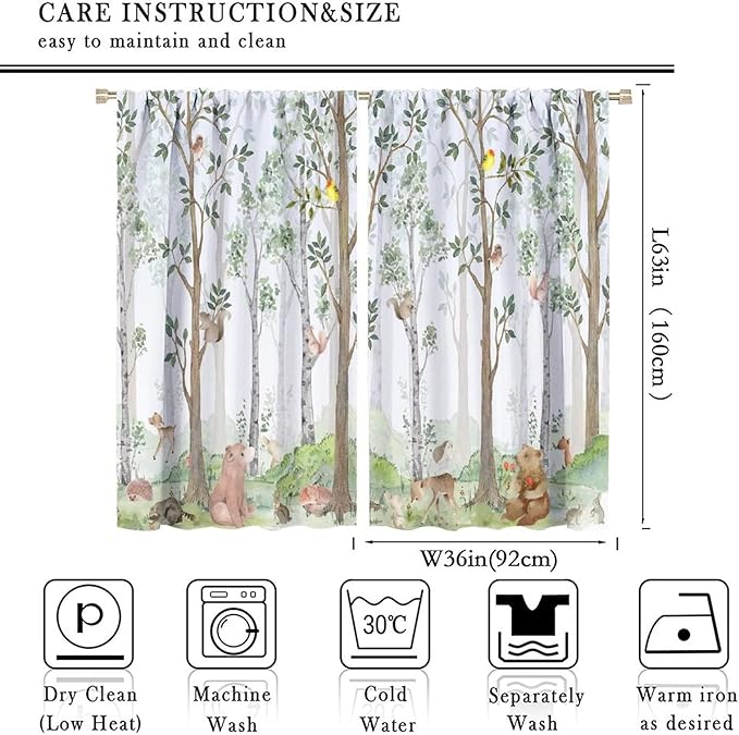 Kids Watercolor Woodland Animal Window Curtains, Bear Deer Squirrel Hedgehog Fox Birds Green Forest Blackout Rod Pocket Window Treatment for Boys Girls Bedroom 72x63in