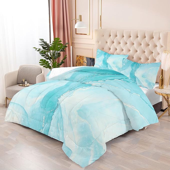 Comforter Set Blue Marble: Full Size Aqua Blue Bedding Sets for Teen Girls Kids Women Bedroom Abstract Baby Blue Marbling Quilt Bed Set 1 Comforter & 2 Pillowcases
