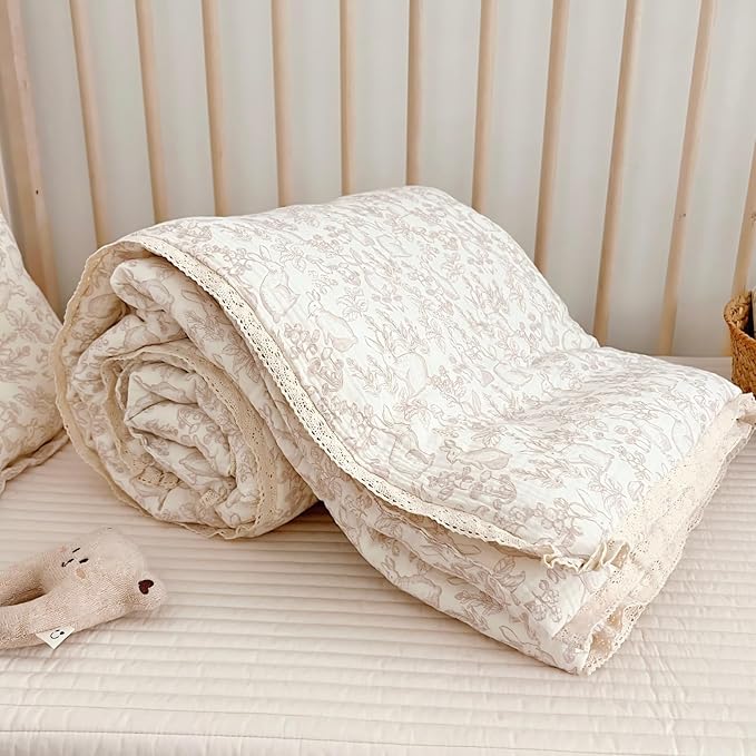 BuLuTu Cotton Muslin Blanket for Toddler Girls Boys Rabbit Pattern Baby Quilted Blanket Lightweight Soft Toddler Comforter Quilt for All Seasons, Forest Pattern, 47"x59", No Pillow