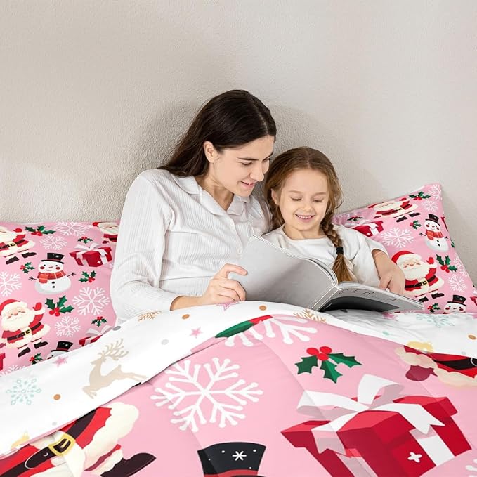 jejeloiu Merry Christmas Comforter Set King Size Xmas Santa Claus Bedding Set for Kids Boys Girls Cute Snowman Duvet Quilt Pink Bedroom Decor