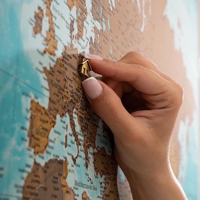 Canvas World Map with Cork Pin Board - English Lettering - Decorative Wall Decoration for All Rooms - Canvas Pictures with World Map Motif (70x50 cm, Pattern 10)
