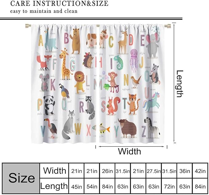 Kids Alphabet Curtains Cute Cartoon Animal Funny Educational Learning Curtain with Rod Pocket for Nursery Bedroom Playroom Home Decor Drapes Window Treatments 2 Panels Set 42" W X 63" L