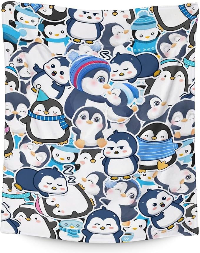 Penguin Blanket for Girls - 40" x 50" Inches Cute Penguin Blankets for Kids - Blue Warm Lightweight Throws for Sofa, Crib & Bed
