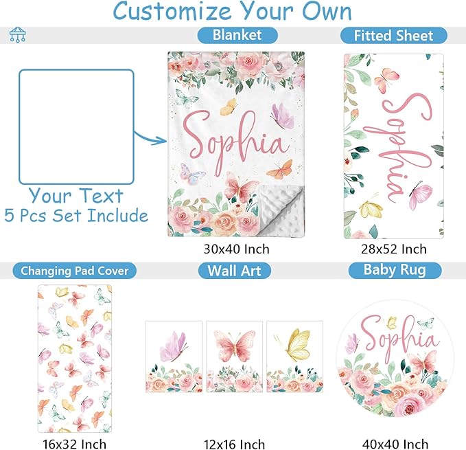 Personalized Baby Crib Bedding Set for Girls, 5 Pcs Pink Butterfly Crib Set for Baby, Custom Name Double Layer Nursery Bedding Sets for Infant Toddlers, Customized Gifts for Newborns