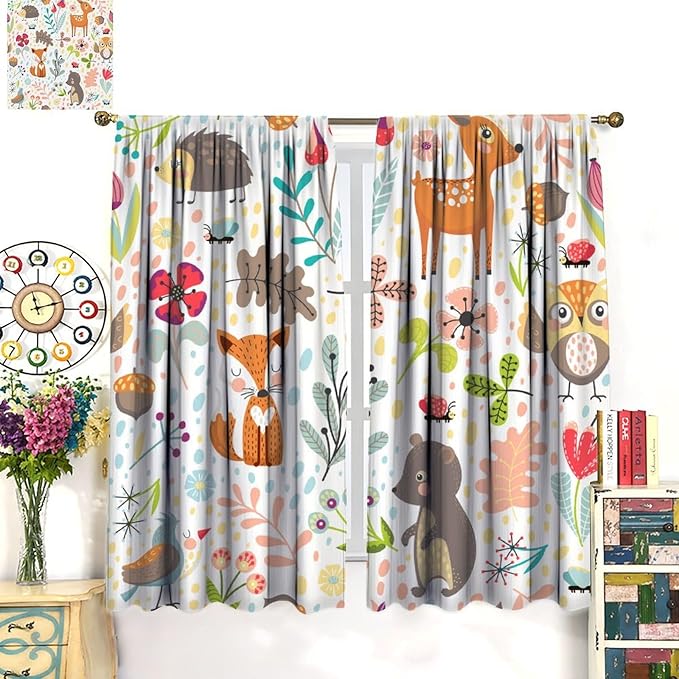 Jungle Animals Curtains, Cute Cartoon Animals Branches Window Treatments, Rod Pocket Thermal Insulated Drapes 2 Panel Sets for Kids Bedroom Nursery Classroom, 42" W X 45" L[Decor]