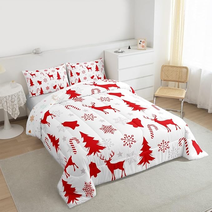 Feelyou Merry Christmas Bedding Set Soft for Boys Girls, Xmas Tree Reindeer Comforter Set Queen Size Candy Cane Bell Duvet Quilt Microfiber Snowflake Bedroom Decor 3 Pcs with 2 Pillow Cases