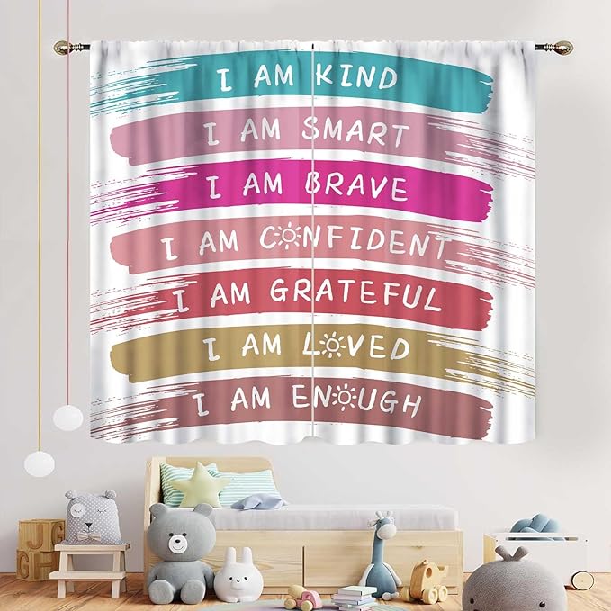 Rainbow Curtains for Classroom, Kids Girls Baby Boho Cute Inspirational Motivational Quotes Cartoon Colorful Pastel Nursery Classroom Bedroom Living Room Bathroom Window Drapes 2 Panels, 84"x63" Inch