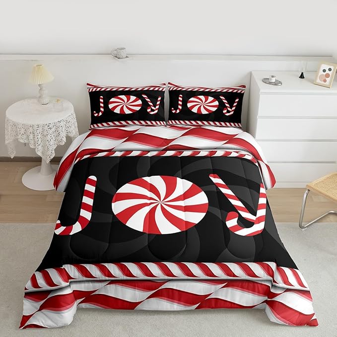 Kids Merry Christmas Comforter Set Queen Size,Holiday Joy Sweet Candies Bedding,Girls Boys Adults Bedroom/Xmas Cabin Decor,Wave Geometric Retro Down Comforter,Red Black Duvet Insert,2 Pillowcases