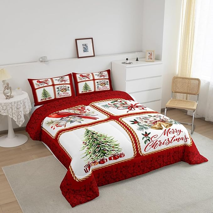 Christmas Plaid Comforter Set King Size,Berries Cardinals Xmas Pine Print Bedding Set All Season Quilt Set,Floral Bells Red Lace Patchwork Microfiber Polyester Down Comforter