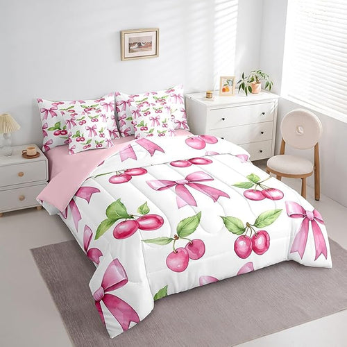 7 Pieces Pink Bowknot Kids Comforter Queen,Cherry Tropical Fruit Bow Patchwork Bedding Set,Bow Tie Butterfly Knot Princess Dreamy（Comforter+Fitted+Flat Sheet+2 Pillowcases+2 Throw Pillow Covers）