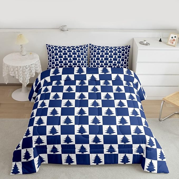 Feelyou Christmas Kids Comforter Set Twin Size Checkered Bedding Set Christmas Tree Duvet Quilt for Kids Boys Girls Bedroom Xmas Decorations Decor Blue Microfiber Ultra Soft Breathable