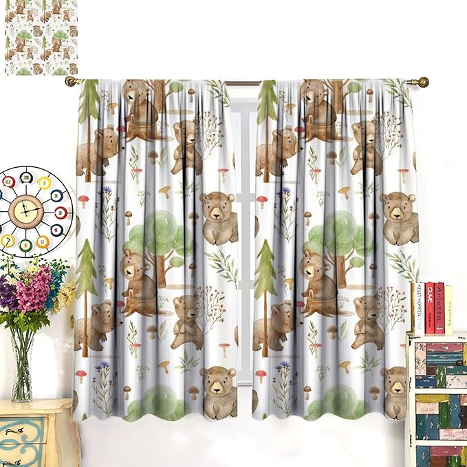 Forest Animal Curtains,Kids Home Bedroom Window Treatments, Cartoon Watercolor Bear Squirrel Woodland Animal Drapes 72x63in