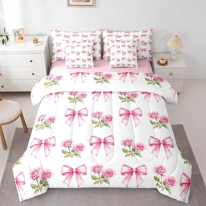 7 Pieces Pink Bowknot Kids Comforter Full,Rose Flowers Valentine's Day Romantic Bedding Set,Pink Bow Tie Knot Princess Dreamy（Comforter+Fitted+Flat Sheet+2 Pillowcases+2 Throw Pillow Covers）