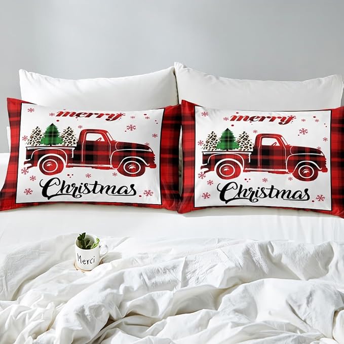 Xmas Truck Duvet Cover Set King Size, Christmas Tree Snowflake Print Bedding Set 3pcs for Kids Boys Girls Bedroom Decor, New Year Theme Red Plaid Print Comforter Cover with 2 Pillowcases,No Comforter