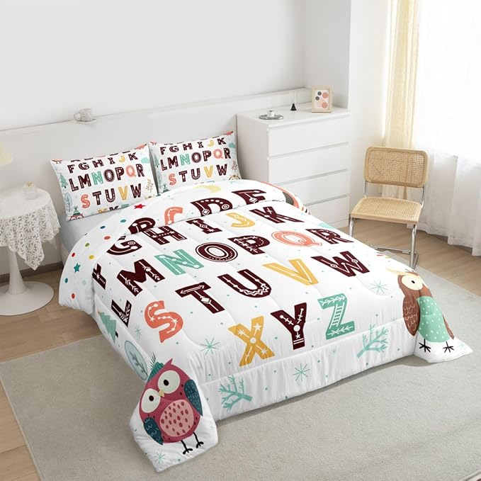 Feelyou Alphabet Kids ABC Learning Comforter Set King Size Cartoon Owls Bedding Set for Kids Boys Girls Educational Nursery Art Duvet Quilt Wildlife Bedroom Decor Microfiber 3 Pcs with 2 Pillow Cases