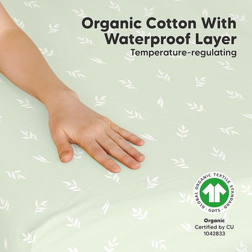 2-Pack Pack and Play Sheets, Waterproof Mini Crib Sheets Fitted - Organic Cotton Pack N Play Sheets for Graco Pack and Play Mattress, Playard Baby Crib Sheets, Neutral for Boy, Girl, Toddler (Herb)