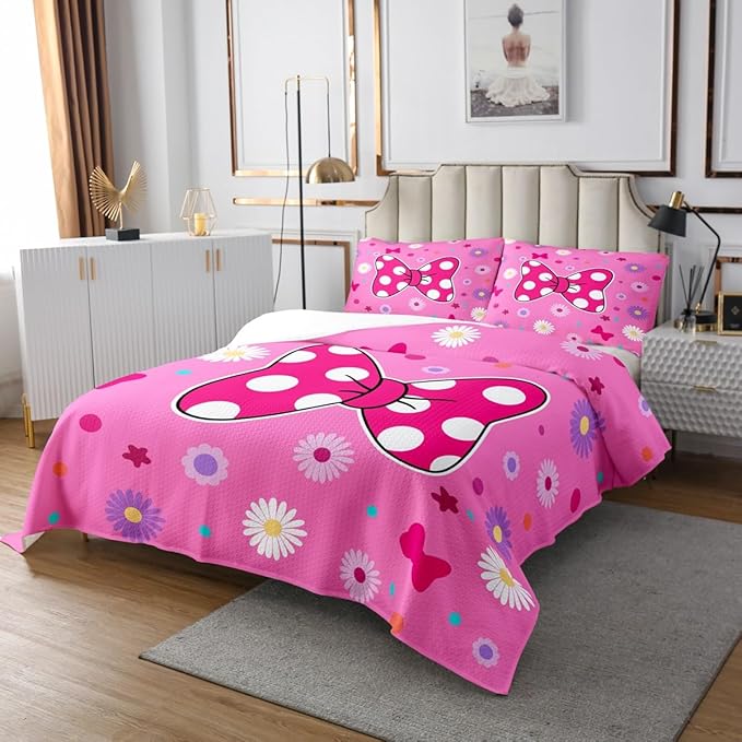 Manfei Pink Bowknot Kids Bedspread Queen Size,Daisy Flowers Geometric Dot Patchwork Coverlet Set,Girls Women Room Decor,Bow Tie Cute Princess Quilted Coverlet,Dreamy Chic Bedding Quilt,2 Pillowcases