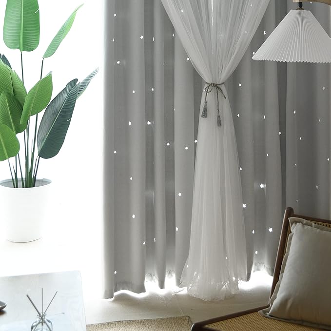 Kinryb Kids Star Cutout Curtains for Bedroom/Living Room/Classroom,2 Free Tiebacks Sheer Overlay 2 Panel Set, Double Layer Curtains for Kids Room(Each Piece W70 x L95 Inches 2 Pcs Greyish White)