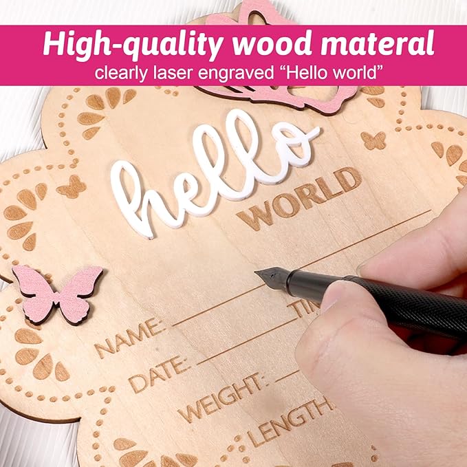 Wooden Baby Announcement Sign, Butterfly Design, Hello World Newborn Welcome Plaque for Photo Props, Baby Shower, Hospital, Nursery Decor