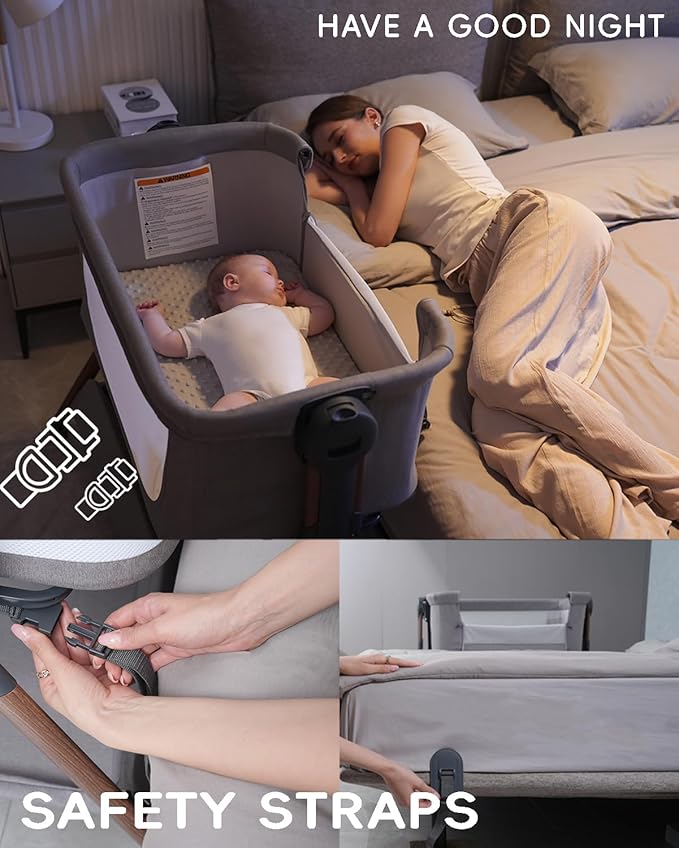 Baby Bassinet - Bassinet Bedside Sleeper,3-in-1 Bedside Bassinets for Baby,Rocking Bassinet with Comfy Mattress,Wheels,Breathable Mesh& Storage,6 Height Adjustable Crib,ASTM Certified(Grey)
