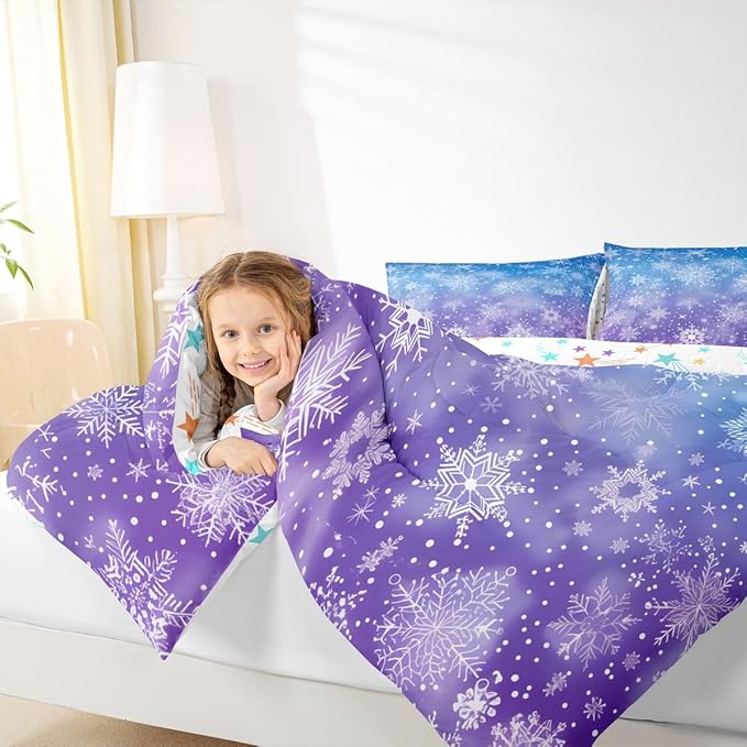 Feelyou Christmas Bedding Set Soft for Boys Girls, Winter Snowflake Comforter Set Queen Size Purple Blue Gradient Duvet Quilt Microfiber Bedroom Decor 3 Pcs with 2 Pillow Cases
