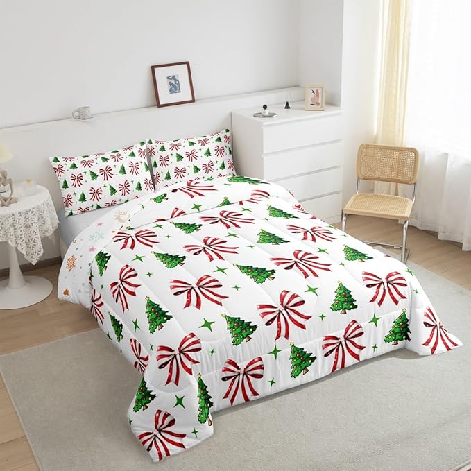 Manfei Merry Christmas Comforter Set Twin Size, Red Bow Green Tree Bedding Set 2pcs, New Year Theme Down Comforter for All Season, Kids Girls Room Decor, Lightweight Duvet Insert, 1 Pillowcase
