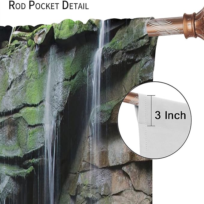 Forest Waterfall Blackout Windows Curtains, Rocky Waterfall to Pond Running Off Scenic Nature Themed Picture Print Curtains, for Living Room Bedroom 52x84in 2 Panels