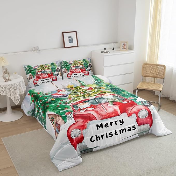 Christmas Tree Comforter Set Twin Size,Red Truck Gnome Bedding Set for Kids Boys Girls Room Decor,Merry Christmas Polka Dot Cartoon Quilt Set 2Pcs,Xmas Rustic Cabin Duvet Insert,1 Pillowcase
